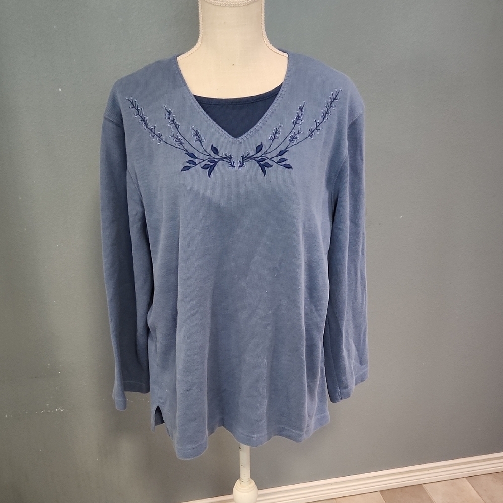 Bobbie Brooks Cotton Blend Floral Embroidery Grandma Core V-neck Long Sleeve Top